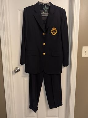 Ralph Lauren Vintage Navy Blazer with Gold Crest and Matching Trousers